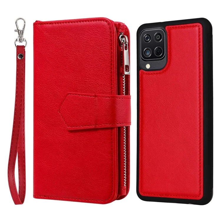 For Samsung Galaxy A12 Magnetic Leather Case Mobile Cover with Detachable Zipper Wallet Strap - Red