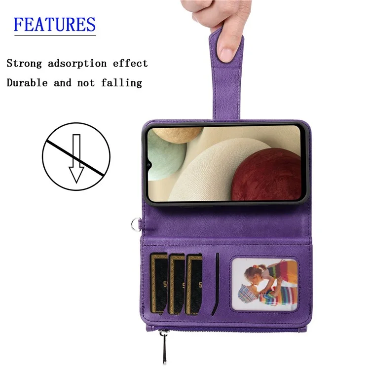 For Samsung Galaxy A12 Magnetic Leather Case Mobile Cover with Detachable Zipper Wallet Strap - Red