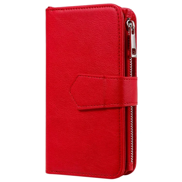 For Samsung Galaxy A12 Magnetic Leather Case Mobile Cover with Detachable Zipper Wallet Strap - Red