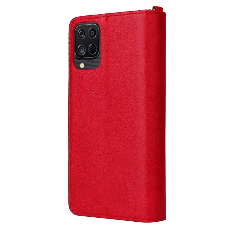 For Samsung Galaxy A12 Magnetic Leather Case Mobile Cover with Detachable Zipper Wallet Strap - Red