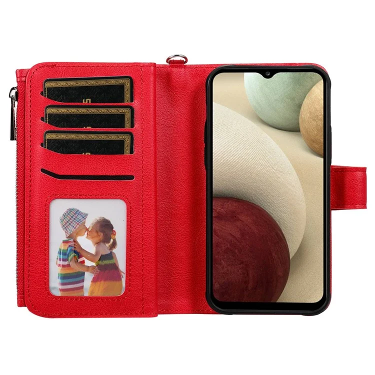 For Samsung Galaxy A12 Magnetic Leather Case Mobile Cover with Detachable Zipper Wallet Strap - Red