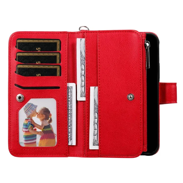 For Samsung Galaxy A12 Magnetic Leather Case Mobile Cover with Detachable Zipper Wallet Strap - Red