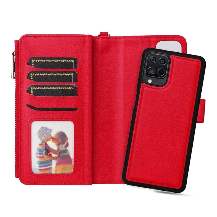 For Samsung Galaxy A12 Magnetic Leather Case Mobile Cover with Detachable Zipper Wallet Strap - Red