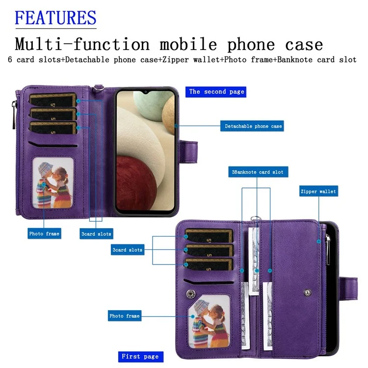 For Samsung Galaxy A12 Magnetic Leather Case Mobile Cover with Detachable Zipper Wallet Strap - Red