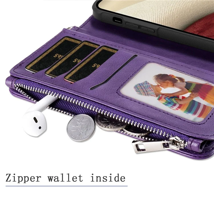 For Samsung Galaxy A12 Magnetic Leather Case Mobile Cover with Detachable Zipper Wallet Strap - Red