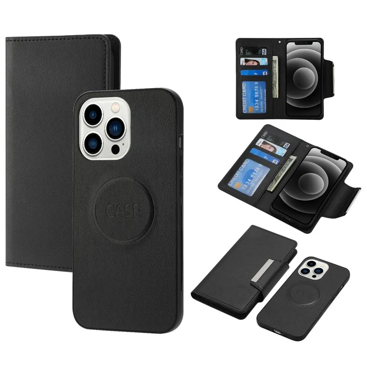 For iPhone 16 Pro Case PU Leather Wallet Detachable Phone Cover - Black
