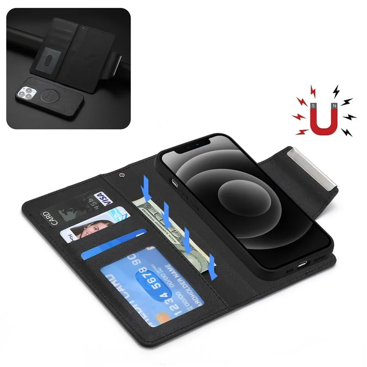 For iPhone 16 Pro Case PU Leather Wallet Detachable Phone Cover - Black