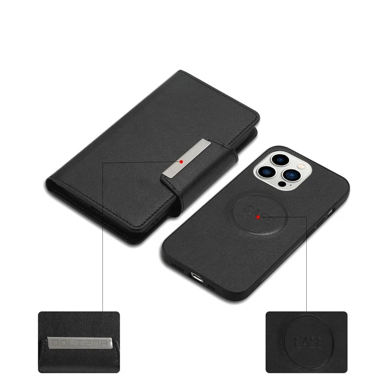 For iPhone 16 Pro Case PU Leather Wallet Detachable Phone Cover - Black
