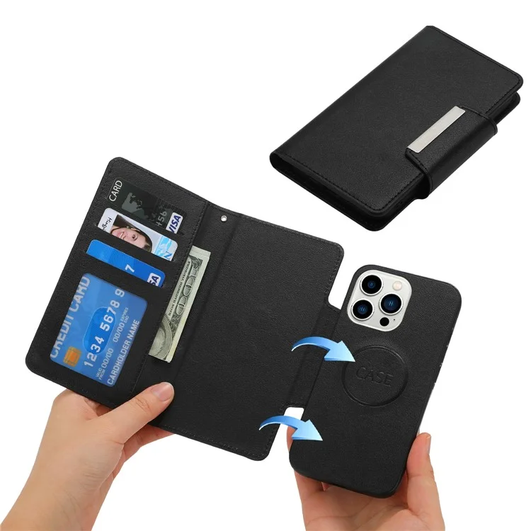 For iPhone 16 Pro Case PU Leather Wallet Detachable Phone Cover - Black