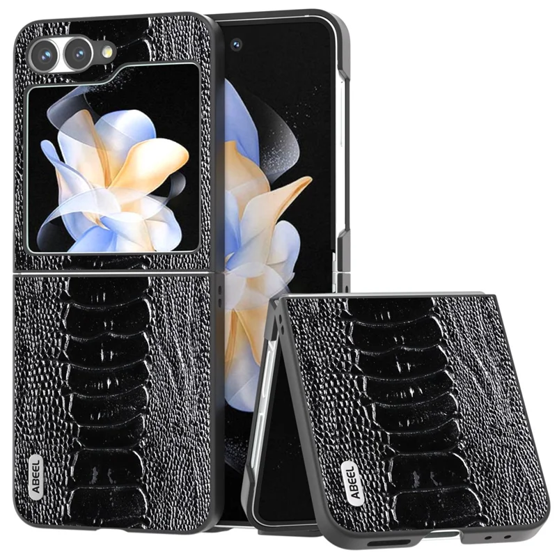 ABEEL For Samsung Galaxy Z Flip7 FE 5G / Z Flip6 5G Case Crocodile Texture Genuine Cow Leather Back Phone Cover - Black