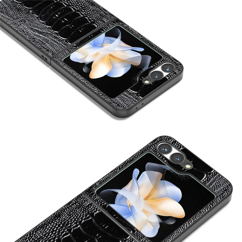 ABEEL For Samsung Galaxy Z Flip7 FE 5G / Z Flip6 5G Case Crocodile Texture Genuine Cow Leather Back Phone Cover - Black