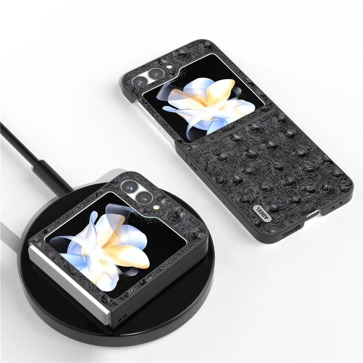 ABEEL Für Samsung Galaxy Z Flip6 5G-Hülle Straußtextur Echtes Rindsleder-Backcover - Schwarz