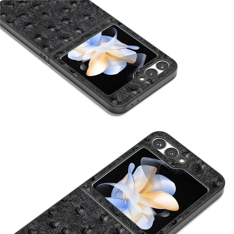 ABEEL Für Samsung Galaxy Z Flip6 5G-Hülle Straußtextur Echtes Rindsleder-Backcover - Schwarz