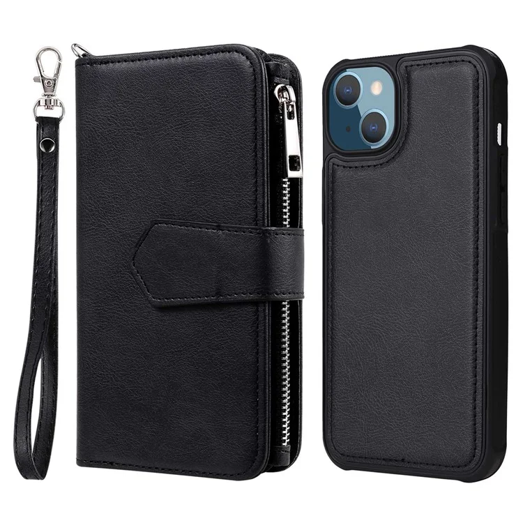 KT Multi-functional Series-4 Zipper Pocket Leather Case для iPhone 14 Plus, съемный 2-в-1 Anti-scratch Wallet Stand Phone Cover - Черный
