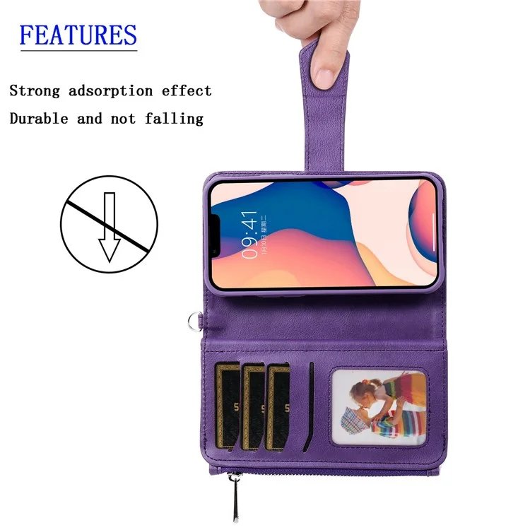 KT Multi-functional Series-4 Zipper Pocket Leather Case для iPhone 14 Plus, съемный 2-в-1 Anti-scratch Wallet Stand Phone Cover - Черный