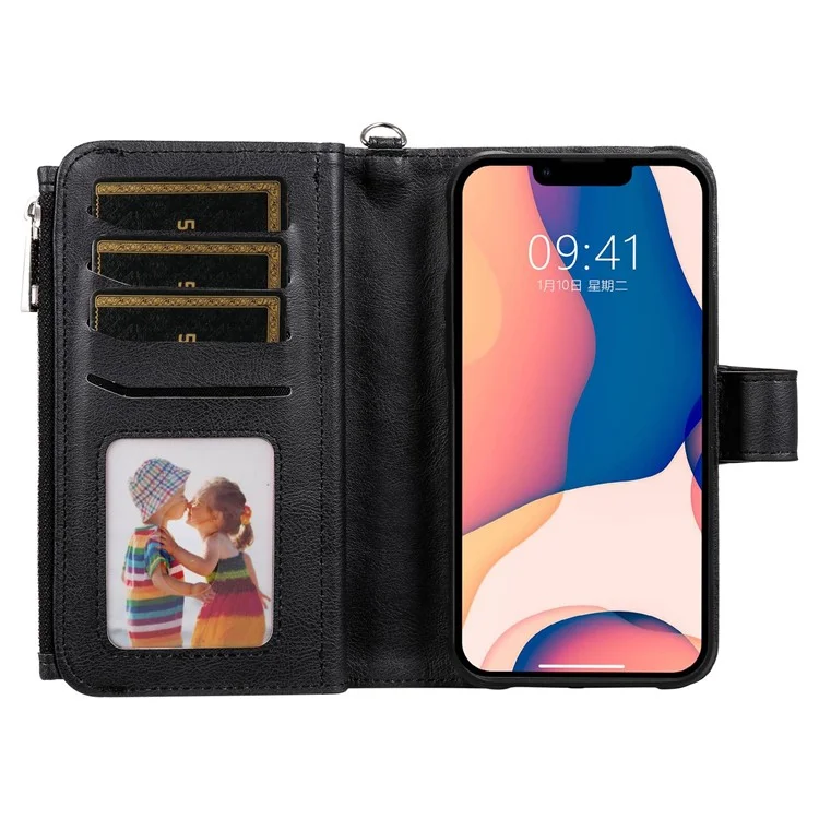 KT Multi-functional Series-4 Zipper Pocket Leather Case для iPhone 14 Plus, съемный 2-в-1 Anti-scratch Wallet Stand Phone Cover - Черный