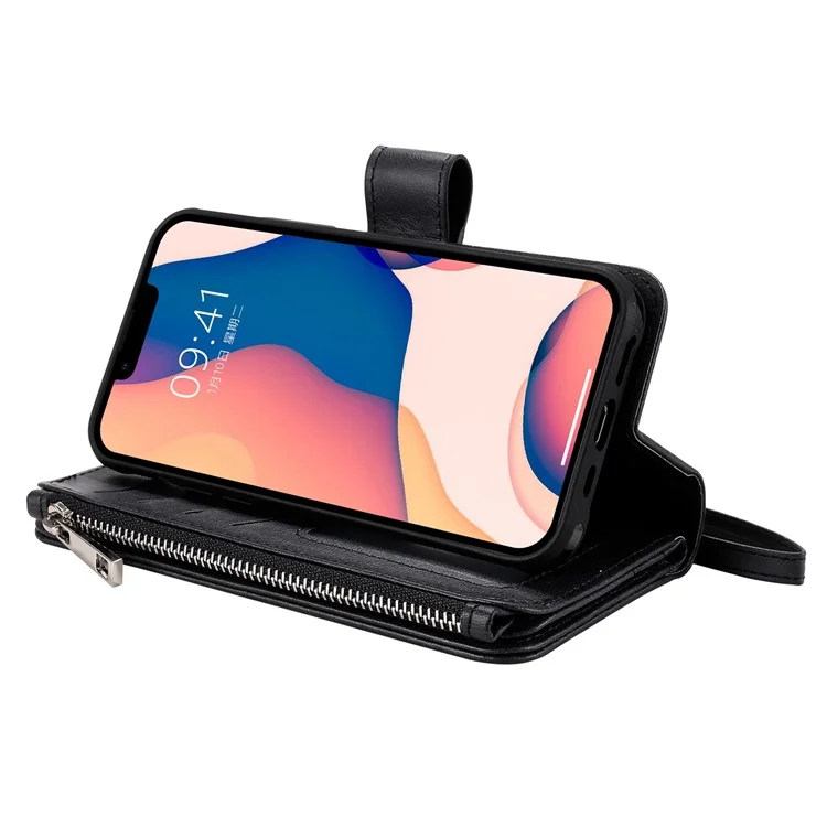 KT Multi-functional Series-4 Zipper Pocket Leather Case для iPhone 14 Plus, съемный 2-в-1 Anti-scratch Wallet Stand Phone Cover - Черный