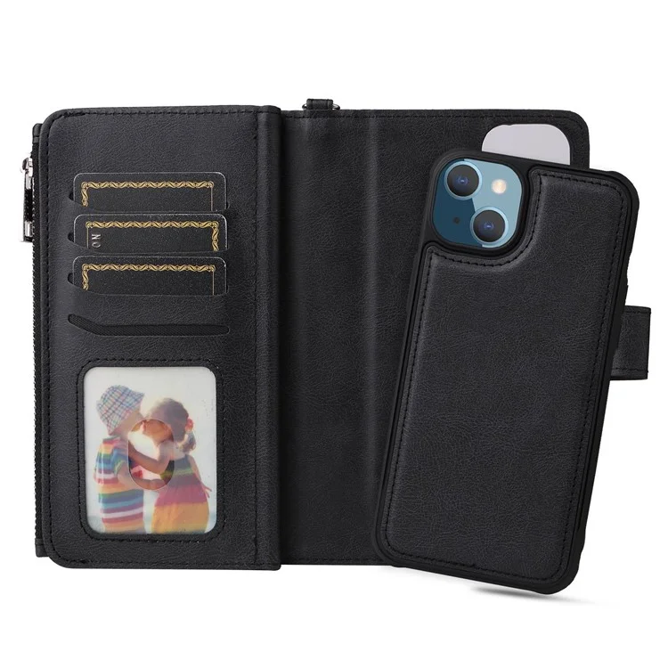 KT Multi-functional Series-4 Zipper Pocket Leather Case для iPhone 14 Plus, съемный 2-в-1 Anti-scratch Wallet Stand Phone Cover - Черный