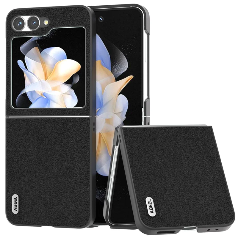 ABEEL For Samsung Galaxy Z Flip7 FE 5G / Z Flip6 5G Case Genuine Cow Leather Coated PC Folding Phone Cover - Black