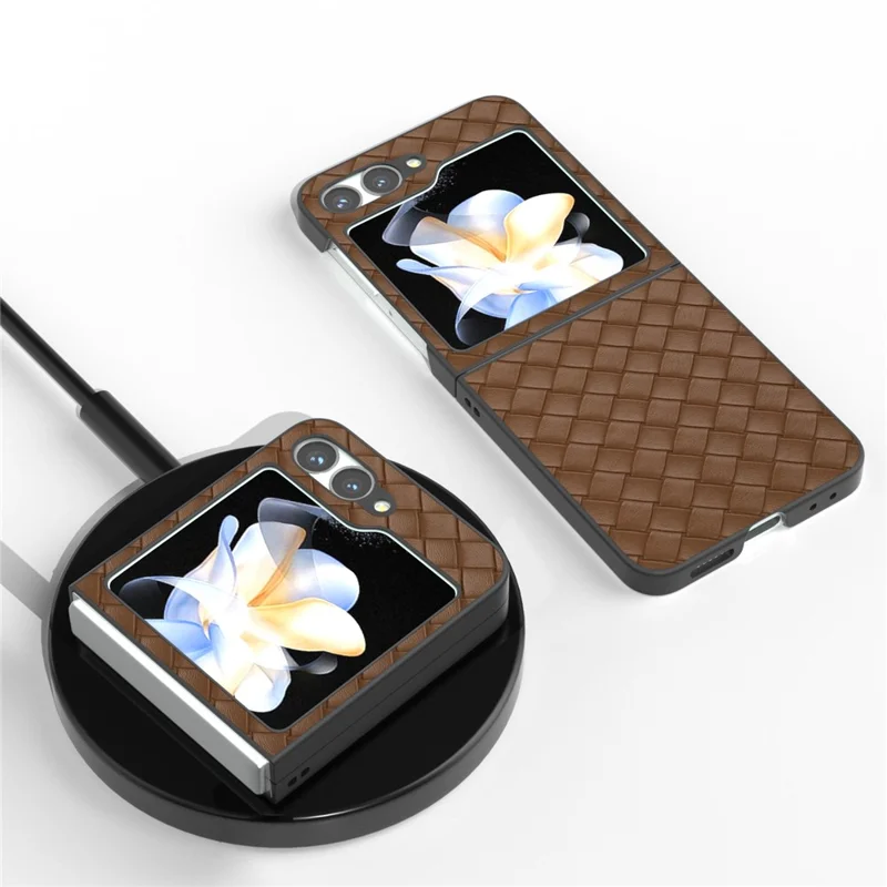 For Samsung Galaxy Z Flip7 FE 5G / Z Flip6 5G Case Woven Texture Leather+PC Protective Phone Cover - Brown