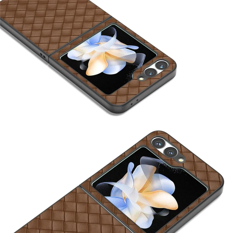For Samsung Galaxy Z Flip7 FE 5G / Z Flip6 5G Case Woven Texture Leather+PC Protective Phone Cover - Brown