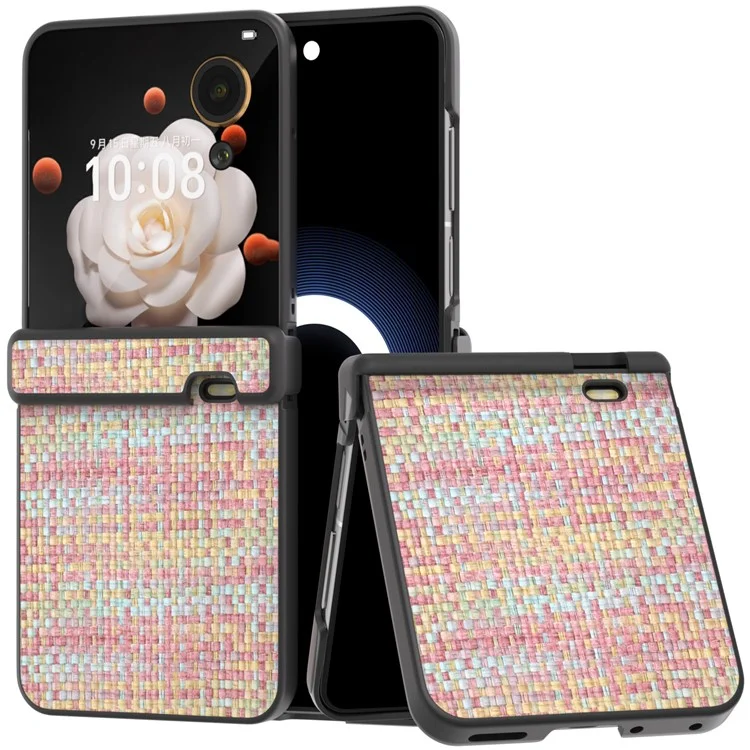 For Honor Magic V Flip 5G Case Plaid Texture Leather+PC Phone Cover Hinge Protection - Rosa