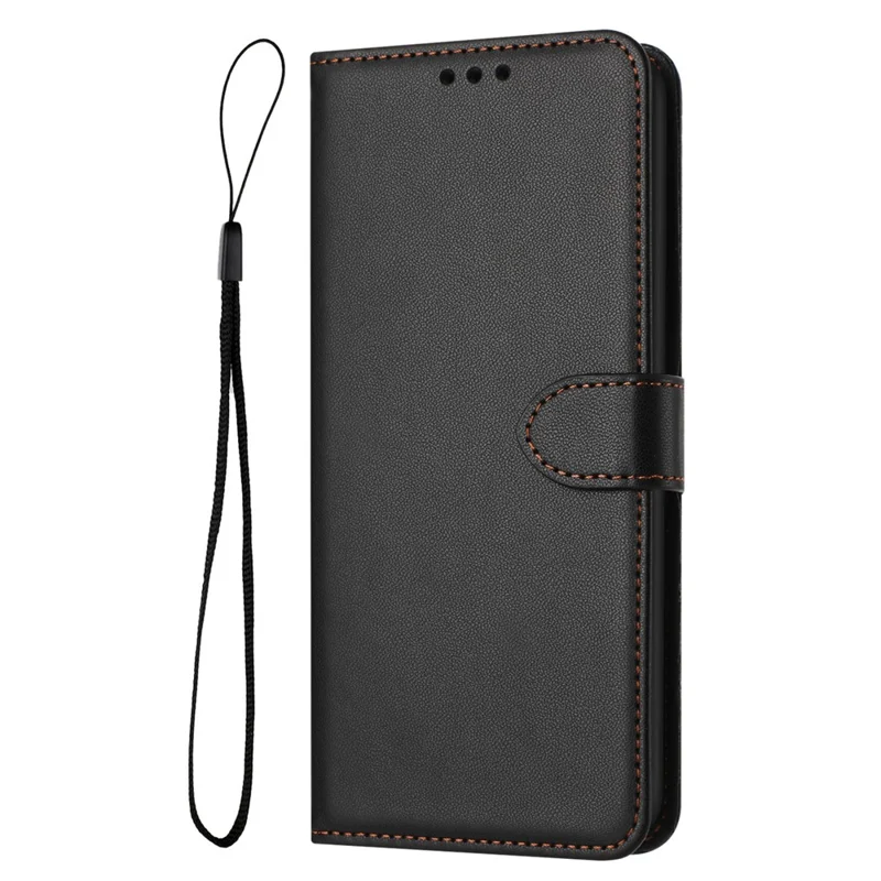 For iPhone 16 Wallet Phone Case Læder Stand Cover med Snor - Sort