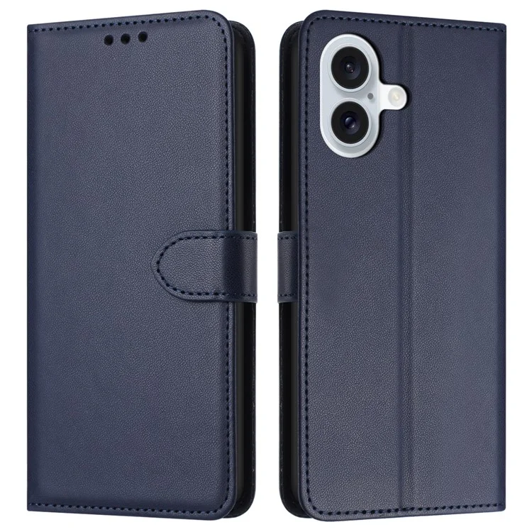 For iPhone 16 Plus Wallet Phone Case Leather Stand Cover with Strap - Blue