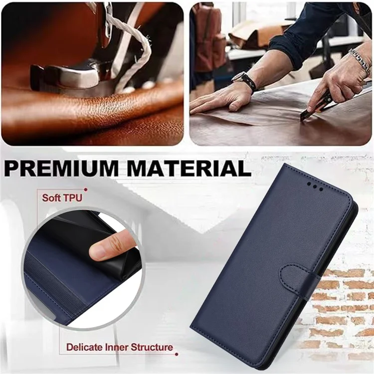 For iPhone 16 Plus Wallet Phone Case Leather Stand Cover with Strap - Blue