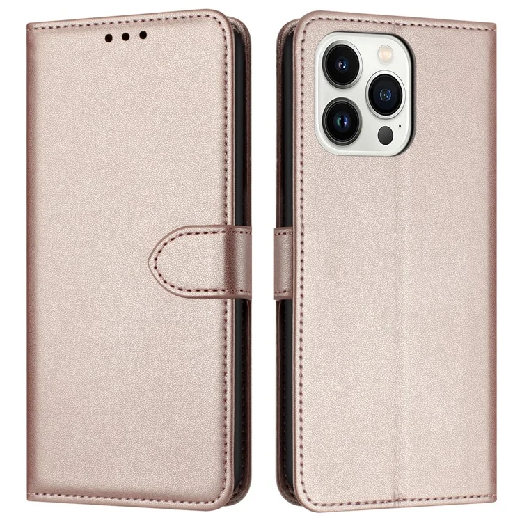For iPhone 16 Pro Max Wallet Phone Case Leather Stand Cover with Strap - Rose Gold