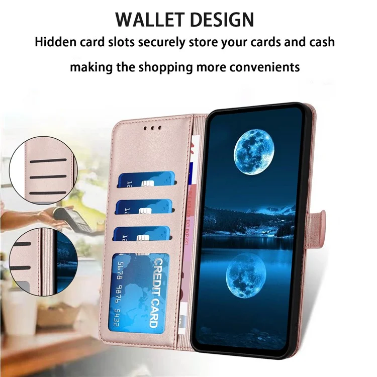 For iPhone 16 Pro Max Wallet Phone Case Leather Stand Cover with Strap - Rose Gold
