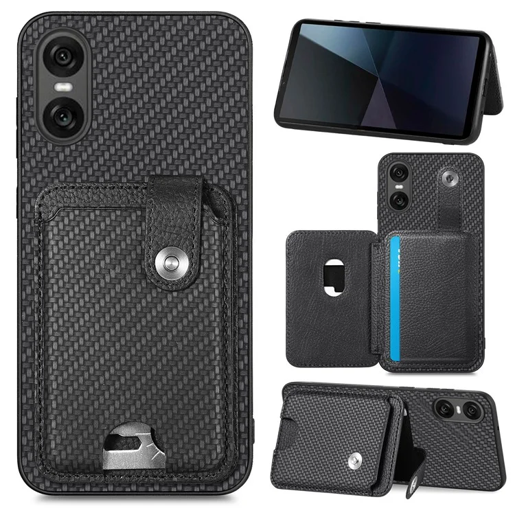 Style B C1-06 For Sony Xperia 10 VI Case Kickstand Card Slot Phone Cover Carbon Fiber Texture - Black