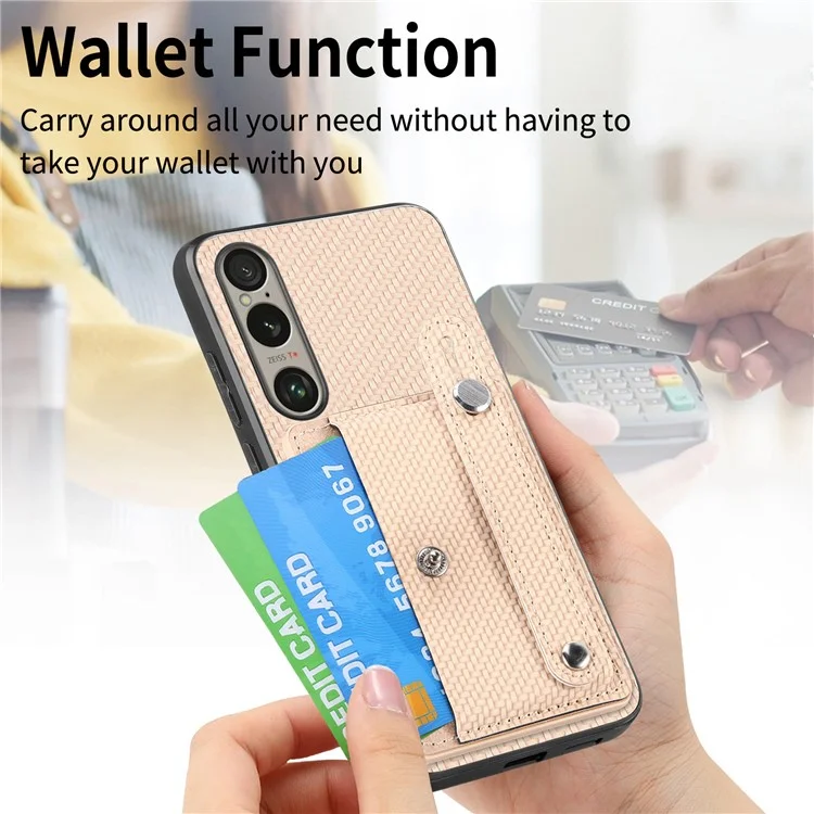 Per Sony Xperia 1 VI Case Card Slot Carbon Fiber Texture Leather+PC+TPU Phone Cover - Khaki