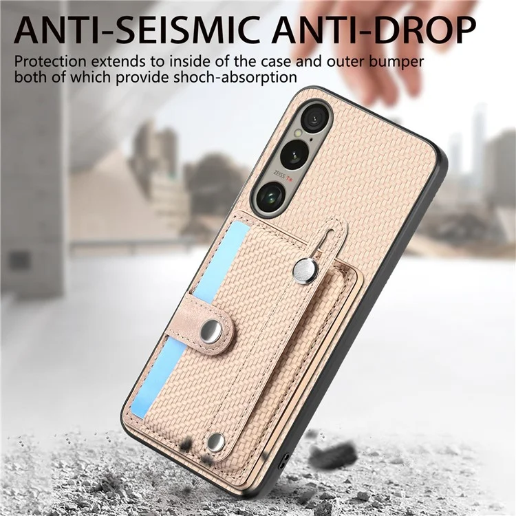 Per Sony Xperia 1 VI Case Card Slot Carbon Fiber Texture Leather+PC+TPU Phone Cover - Khaki
