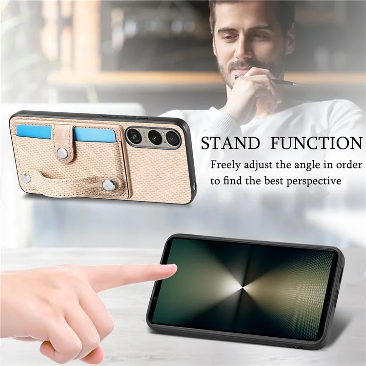 Per Sony Xperia 1 VI Case Card Slot Carbon Fiber Texture Leather+PC+TPU Phone Cover - Khaki