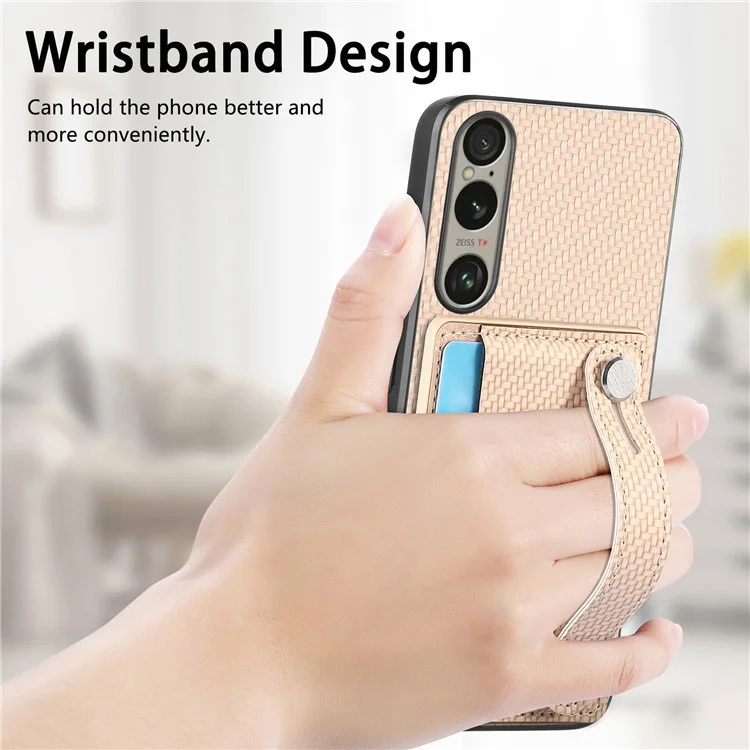 Per Sony Xperia 1 VI Case Card Slot Carbon Fiber Texture Leather+PC+TPU Phone Cover - Khaki