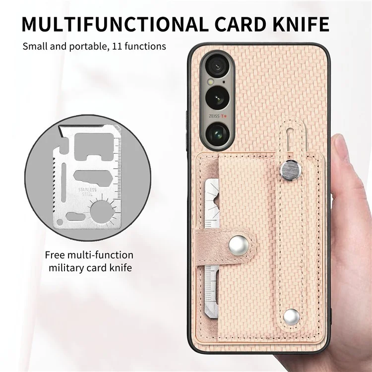Per Sony Xperia 1 VI Case Card Slot Carbon Fiber Texture Leather+PC+TPU Phone Cover - Khaki
