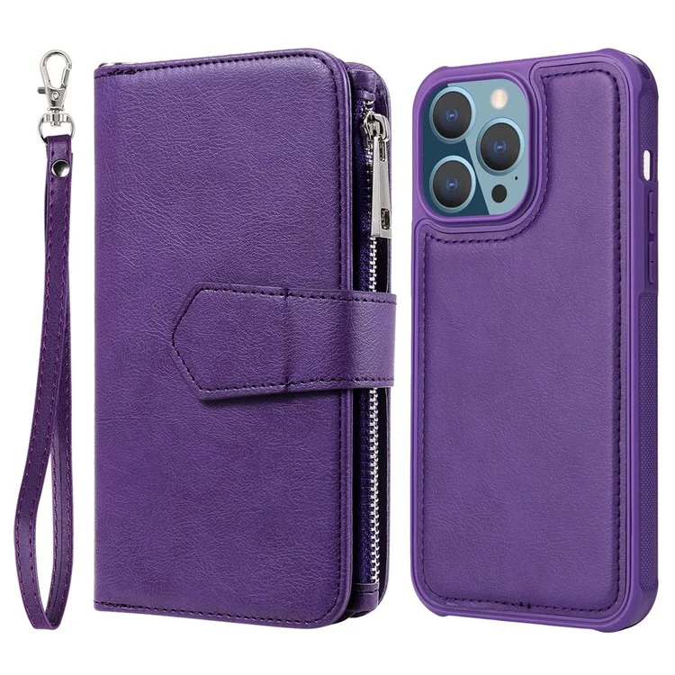 KT Multi-functional Series-4 Stand Wallet Case per iPhone 14 Pro Max, Custodia in Pelle PU Staccabile con Tasca Lampo Antiurto - Viola