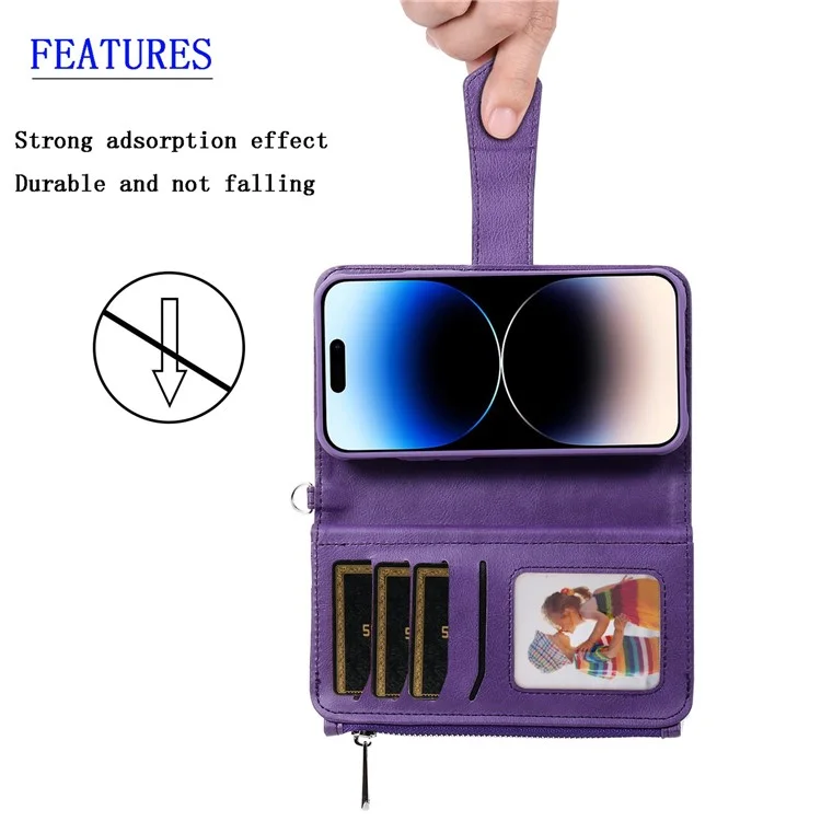 KT Multi-functional Series-4 Stand Wallet Case per iPhone 14 Pro Max, Custodia in Pelle PU Staccabile con Tasca Lampo Antiurto - Viola