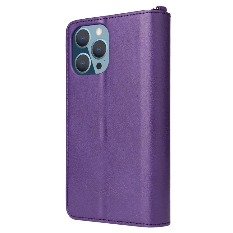 KT Multi-functional Series-4 Stand Wallet Case per iPhone 14 Pro Max, Custodia in Pelle PU Staccabile con Tasca Lampo Antiurto - Viola