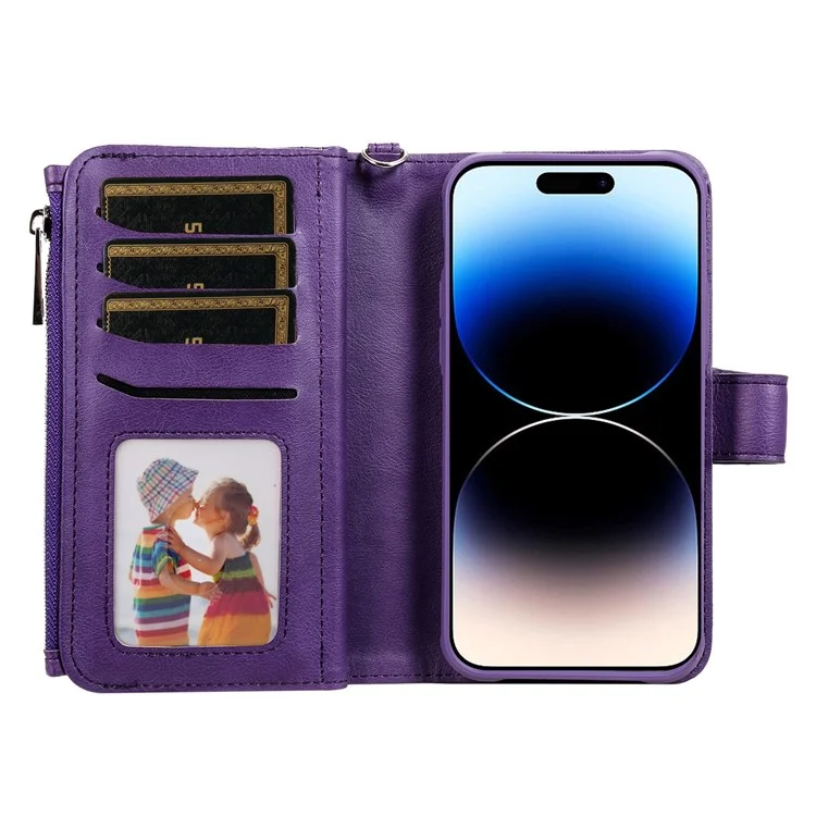 KT Multi-functional Series-4 Stand Wallet Case per iPhone 14 Pro Max, Custodia in Pelle PU Staccabile con Tasca Lampo Antiurto - Viola