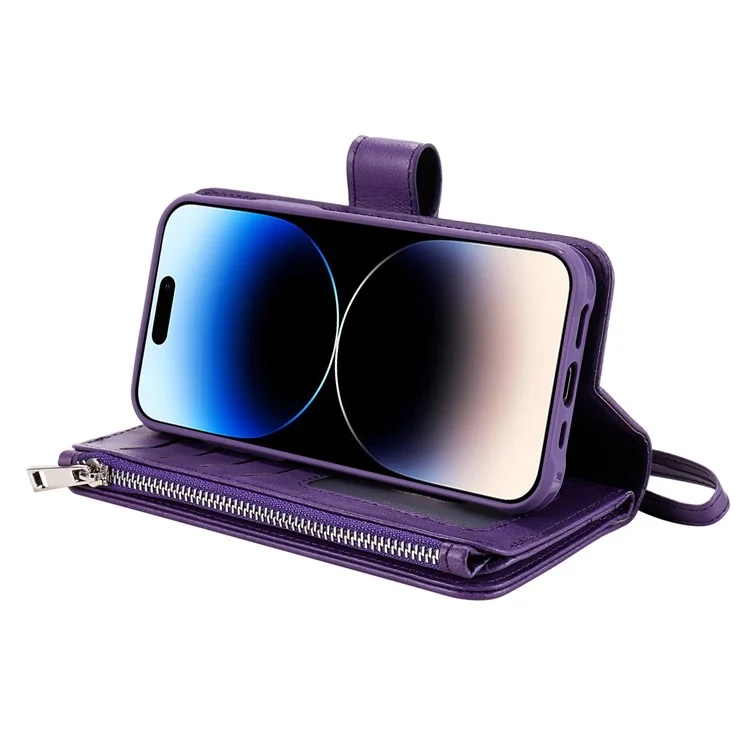KT Multi-functional Series-4 Stand Wallet Case per iPhone 14 Pro Max, Custodia in Pelle PU Staccabile con Tasca Lampo Antiurto - Viola