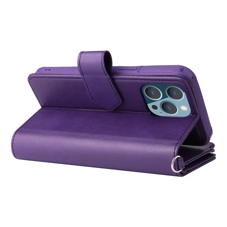 KT Multi-functional Series-4 Stand Wallet Case per iPhone 14 Pro Max, Custodia in Pelle PU Staccabile con Tasca Lampo Antiurto - Viola