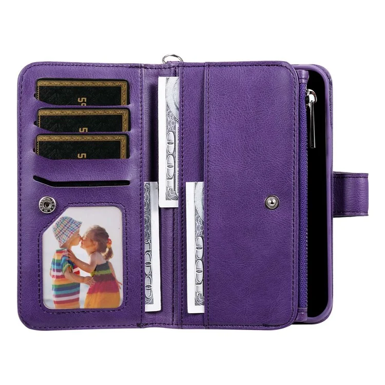 KT Multi-functional Series-4 Stand Wallet Case per iPhone 14 Pro Max, Custodia in Pelle PU Staccabile con Tasca Lampo Antiurto - Viola