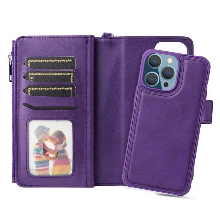 KT Multi-functional Series-4 Stand Wallet Case per iPhone 14 Pro Max, Custodia in Pelle PU Staccabile con Tasca Lampo Antiurto - Viola