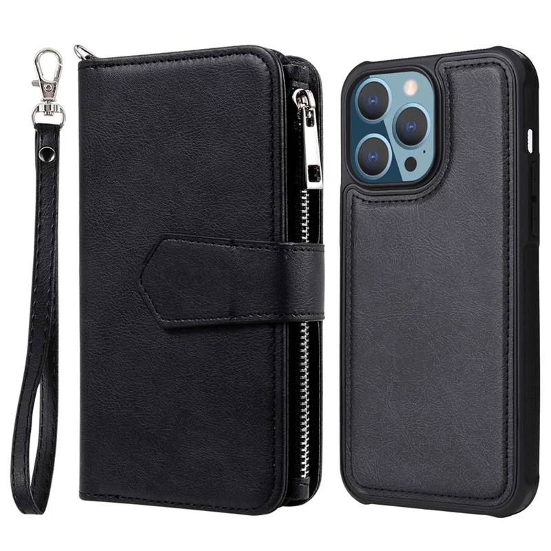 For iPhone 14 Pro Max Magnetic Leather Case Mobile Cover with Detachable Zipper Wallet Strap - Black