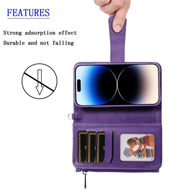 For iPhone 14 Pro Max Magnetic Leather Case Mobile Cover with Detachable Zipper Wallet Strap - Black