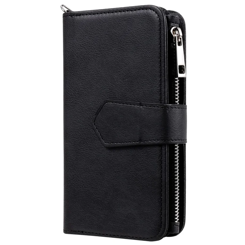 For iPhone 14 Pro Max Magnetic Leather Case Mobile Cover with Detachable Zipper Wallet Strap - Black