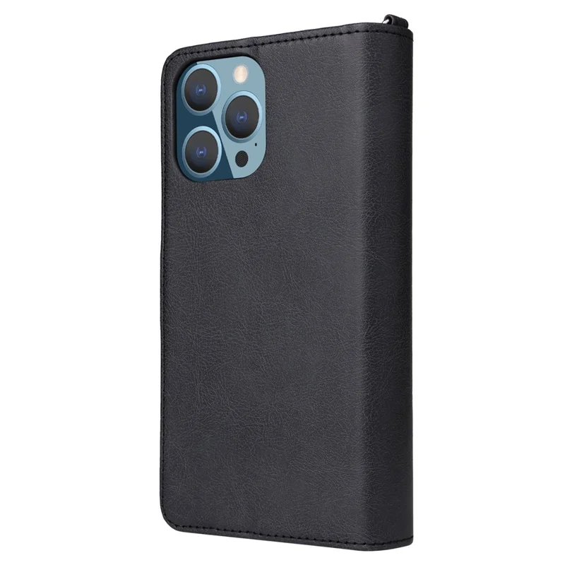 For iPhone 14 Pro Max Magnetic Leather Case Mobile Cover with Detachable Zipper Wallet Strap - Black