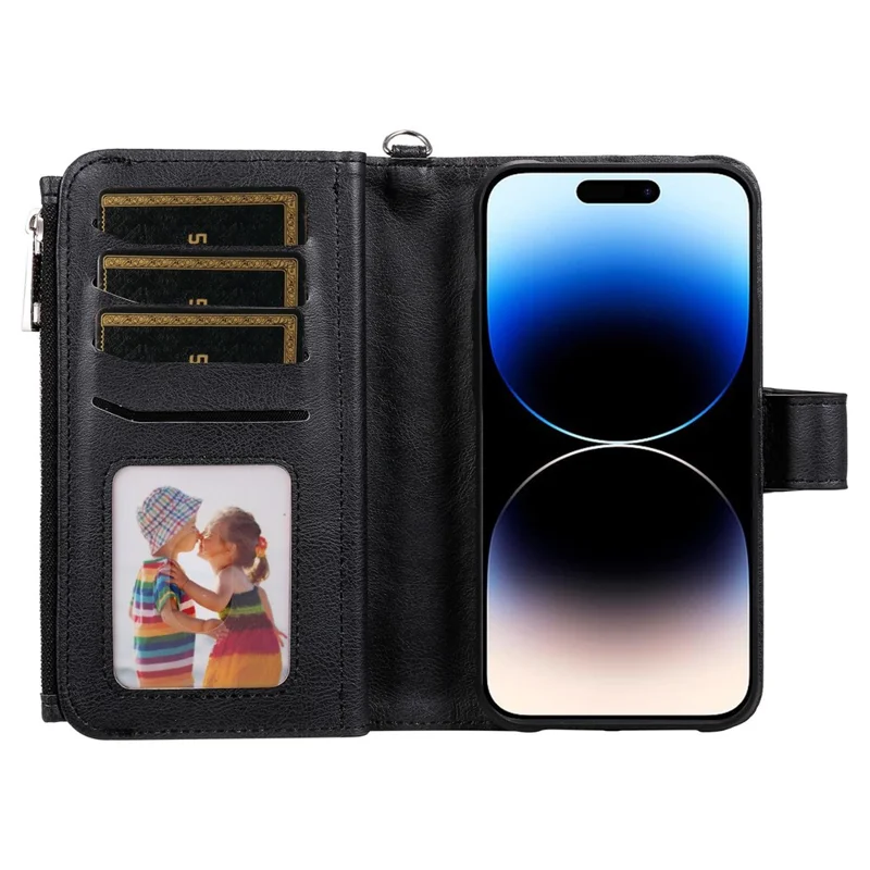 For iPhone 14 Pro Max Magnetic Leather Case Mobile Cover with Detachable Zipper Wallet Strap - Black